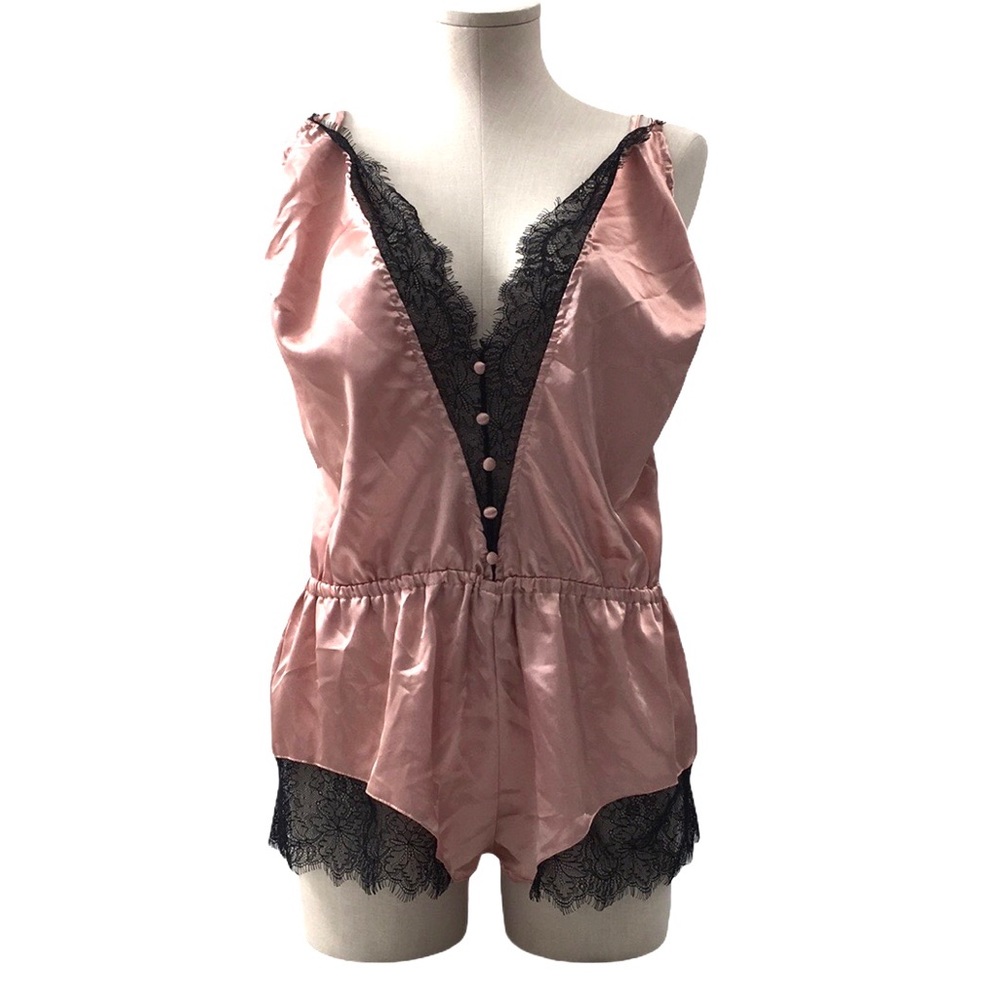 Roma Confidential Pink Black Cami Lace Romper